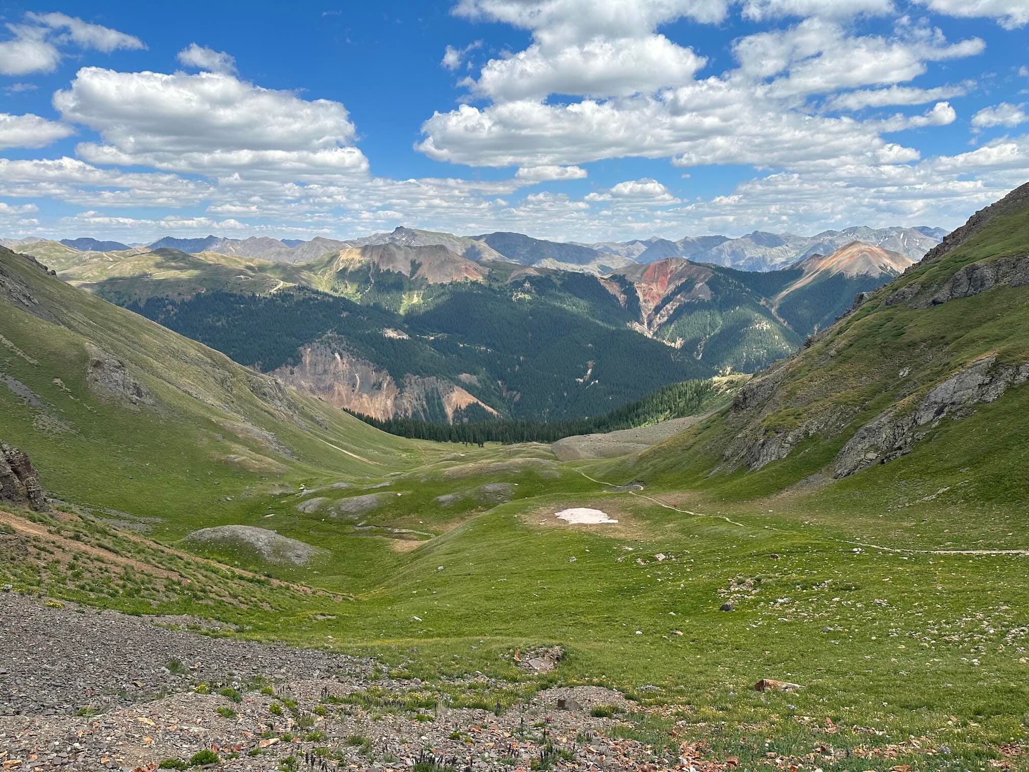 The bowl-shaped basin where you start to lose some real elevation after Columbine Lake.