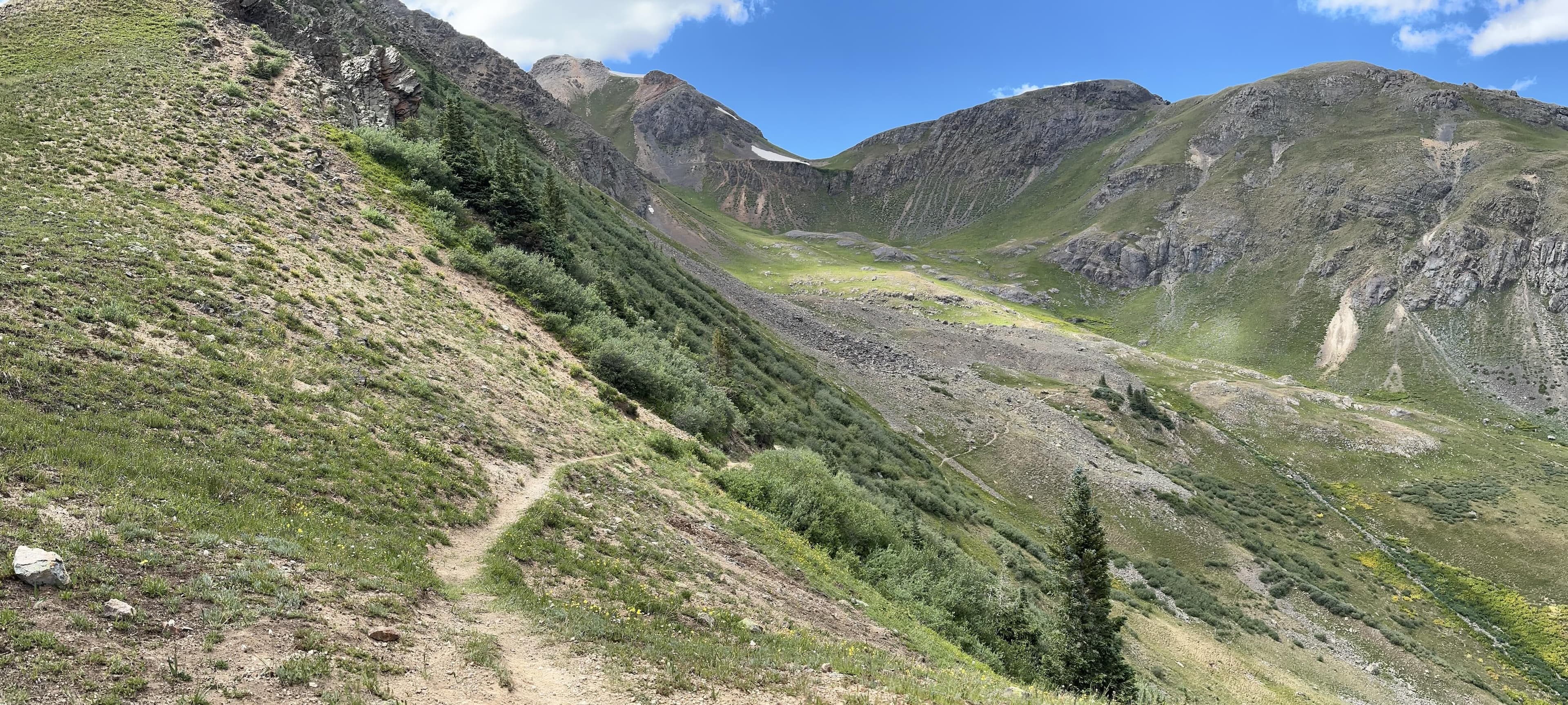 Looking east (and behind you) on the Treeline Traverse trail. Ruby Lake is higher up in the basin in the middle of the picture.