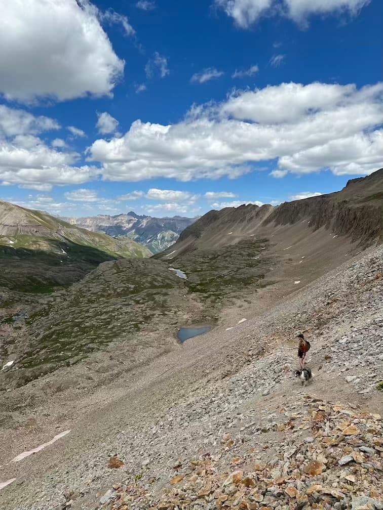 Looking down from close to the top of Columbine Pass.