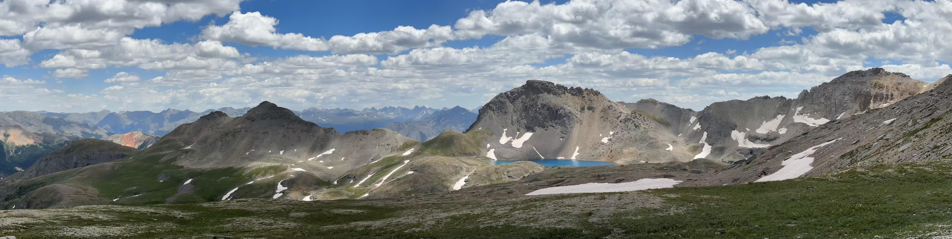 Panorama looking towards Columbine Lake from the top of Columbine Pass.