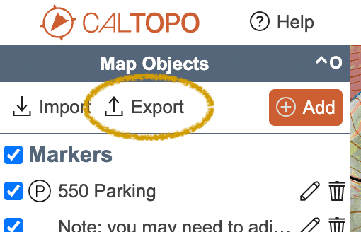 CalTopo screenshot showing where to find the Export function