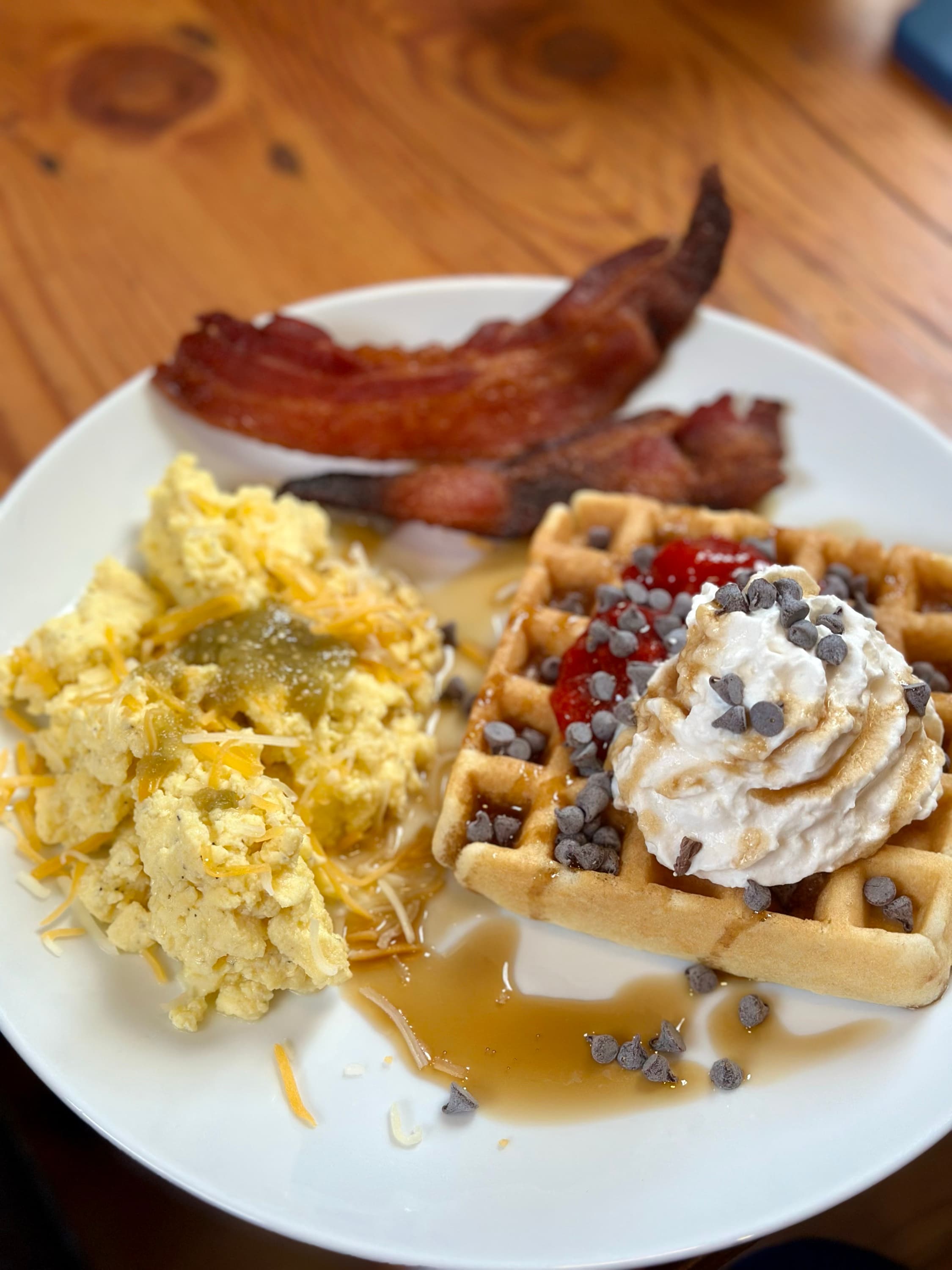 Waffle breakfast plate at the hut
