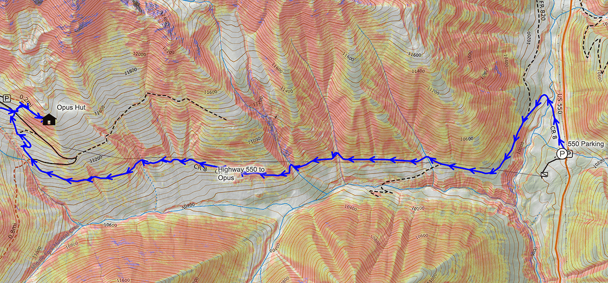 CalTopo map of the route from Highway 550 to the OPUS Hut