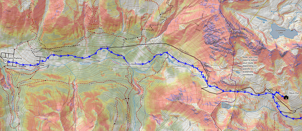 CalTopo map of the route from the town of Ophir to the OPUS Hut